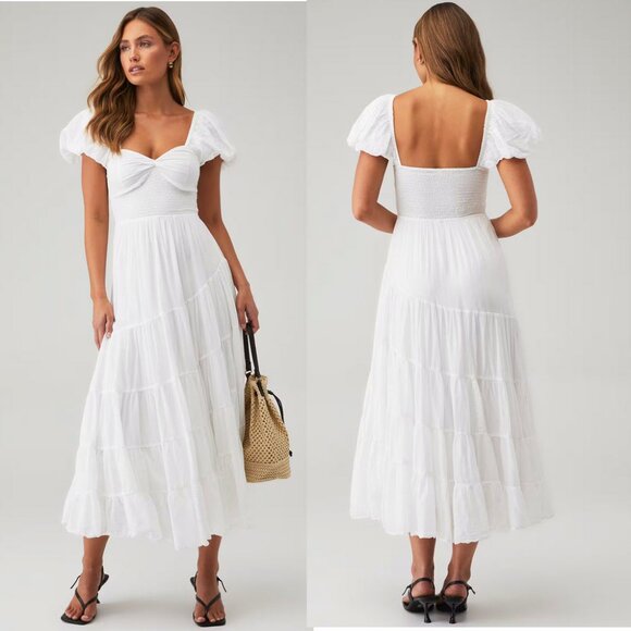 Free People Sundrenched Smocked Puff Sleeve Maxi Dress Sz XL